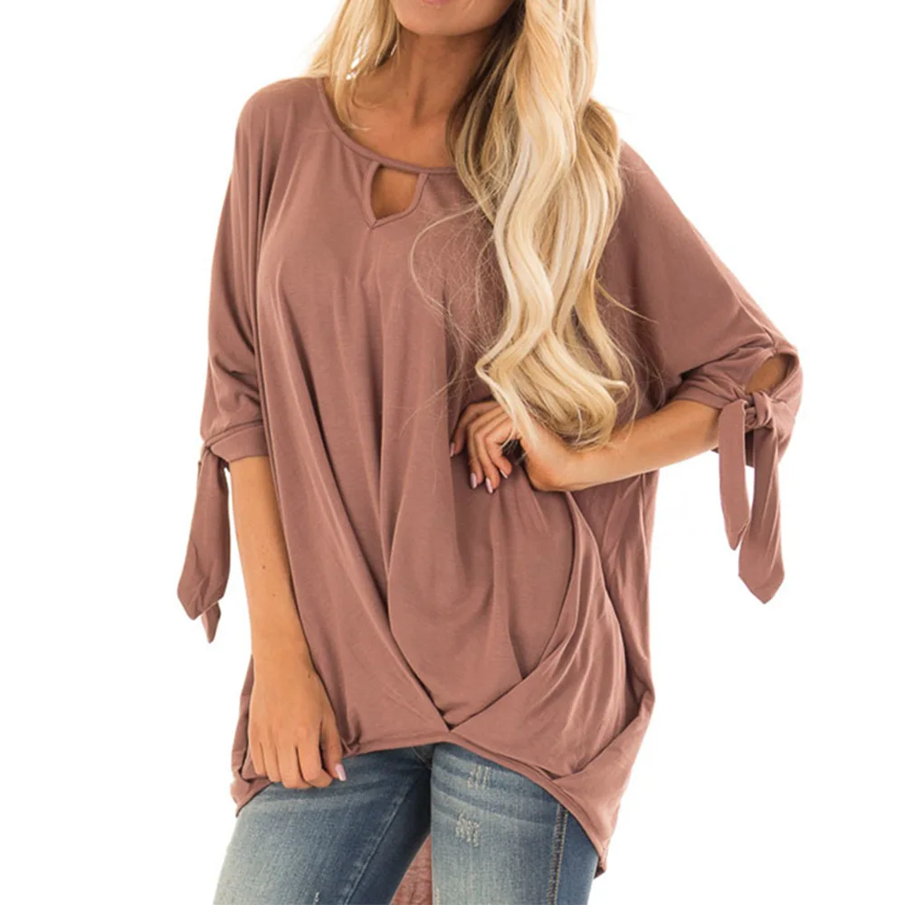 

2019 Wholesale Plus Size Women Clothing Bow Sleeve 100% cotton Pink Womens Blouses, Picture