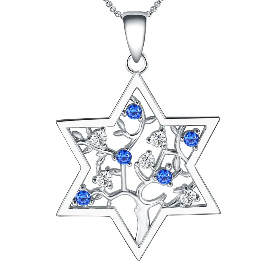 

White Gold Plated 925 Sterling Silver Blue and White Cz Jewish Star of David with Tree Of Life Necklace For Women Jewelry CY262, Picture