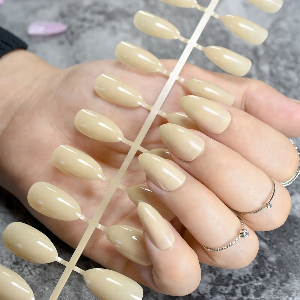 

Pure Color Fake Nails Beige Shiny Press On Nails DIY Manicure Tips Full Wrap Pointed Top Many Colors for choose 24pcs/kit