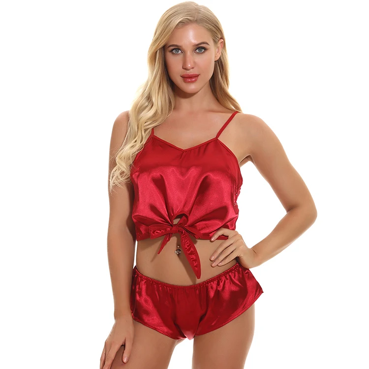 

Wholesale Wine Red Tie Front Spaghetti Strap Mature Two Pieces Women Sleepwear, N/a