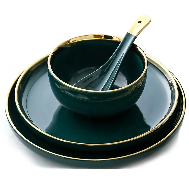 

Gold Stroke Ceramic Western Food Plate Porcelain Emerald inlaid Tableware Set