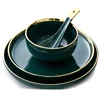 Gold Stroke Ceramic Western Food Plate Porcelain Emerald inlaid Tableware Set