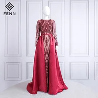 

Real Photo Arabic Long Sleeve Sparkling Detachable Skirt Sequin Prom Dress Luxury Evening Dresses