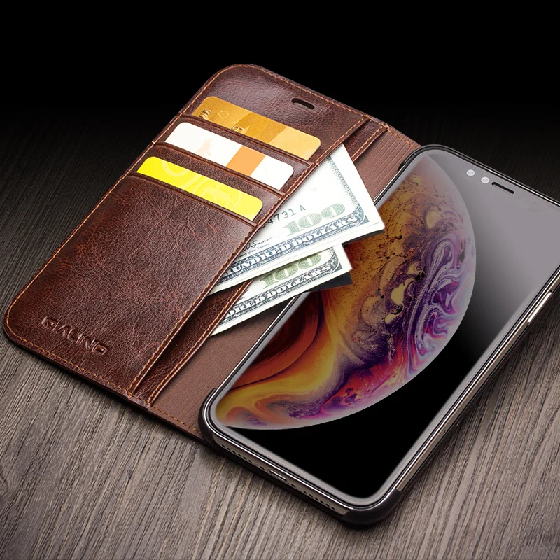 

2018 QIALINO Luxury Genuine Leather Cell phone Flip Business Wallet Slots Case Cover For iPhone X Xr Xs Max