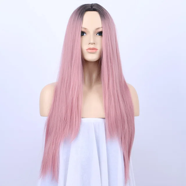 

Heat Friendly Long Natural Straight Dark Roots Two Tone Ombre Pink Middle Part American Girl Doll Wig Synthetic Fiber Hair