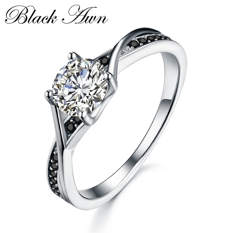 

[BLACK AWN] Vintage Row Black Stone 2.3Gram 925 Sterling Silver Jewelry Women Engagement Rings Girl Gift Party C339