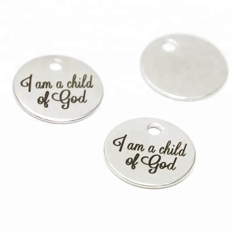 

I am a child of God charm God Inspirational Stainless steel disc message Charm pendant 20mm, Silver