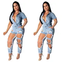 

90625-MX64 long design women ripped jeans denim jumpsuit