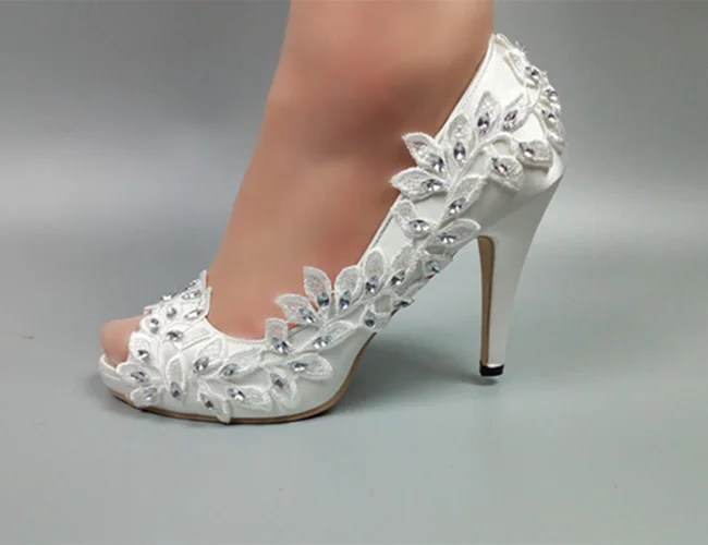 

Morili white color designer peep toe women low high heel wedding shoes for bride with crystal MWSB8