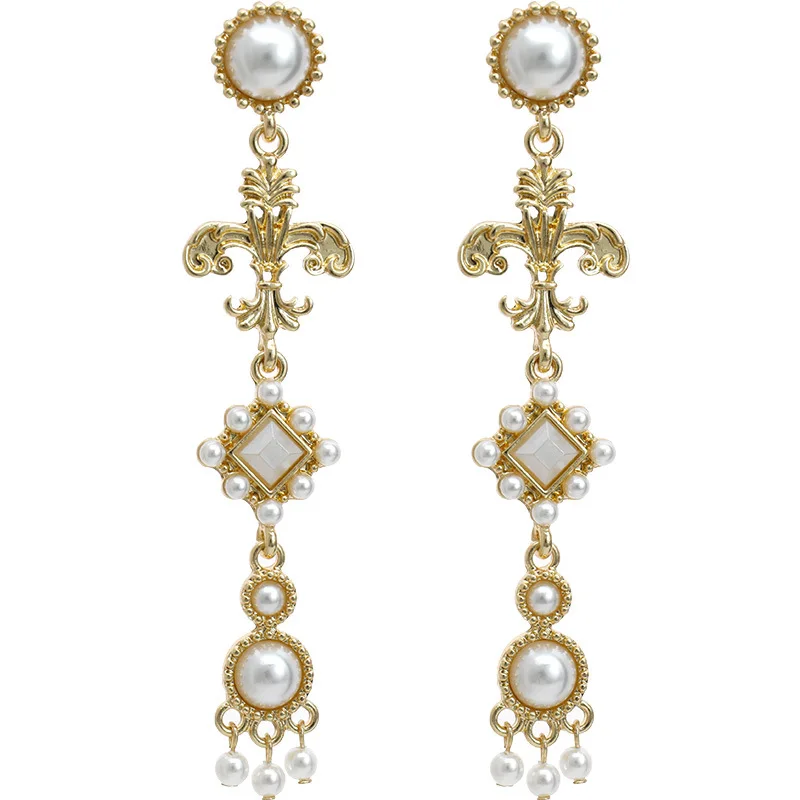 

925 Silver Post Vintage Style Gold Tassel Imitation Pearl Earrings Long Baroque Pearl Earrings