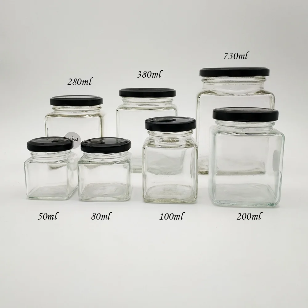 50ml-730ml empty clear square glass jar for jam sauce honey with metal lids