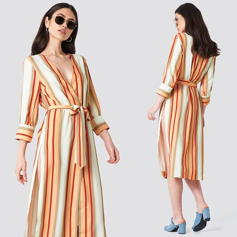 

2018 Striped Kimono Multicolor Women Autumn Dress