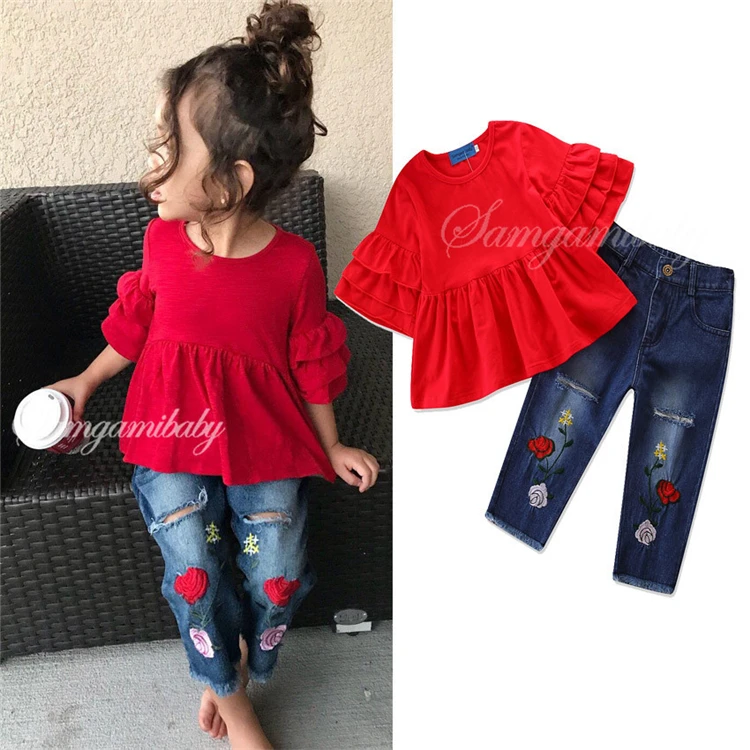 

WHS22 Fashion white Tops+ Jeans Pant 2PCS kids girls clothing set for summer, As the picture show