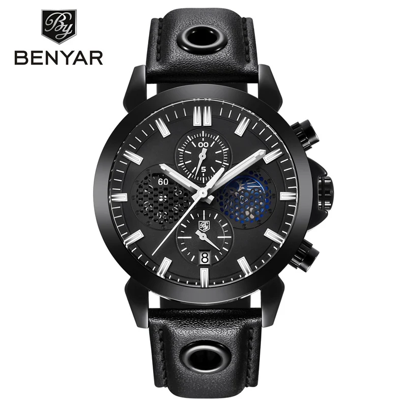 

WJ-7609 Popular Benyar Brand Leather Band Watches Luxury Noble Quartz Wristwatch High Quality Waterproof Watch For Men, Mix