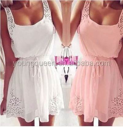 

WH74 Large size women high waist lace sleeveless dress, Pink;white