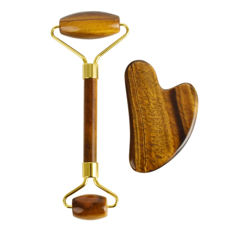 

Wholesale Crystal Tiger eye facial jade roller gua sha set for skin care, Brown