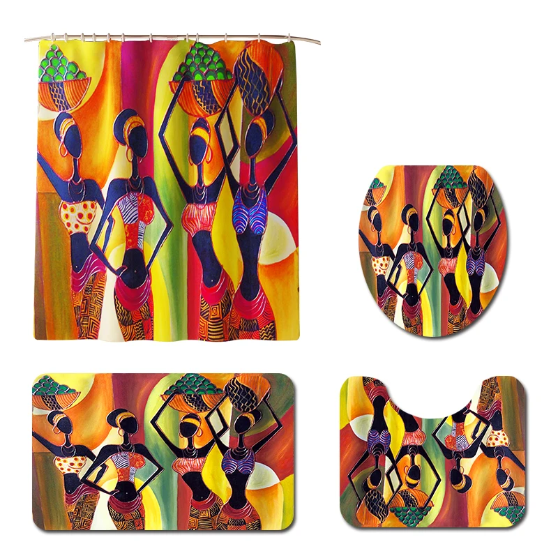 Colorful Printing African Women Toilet Pad Cover Bath Mat Shower Curtain Set for Bathroom Decoration