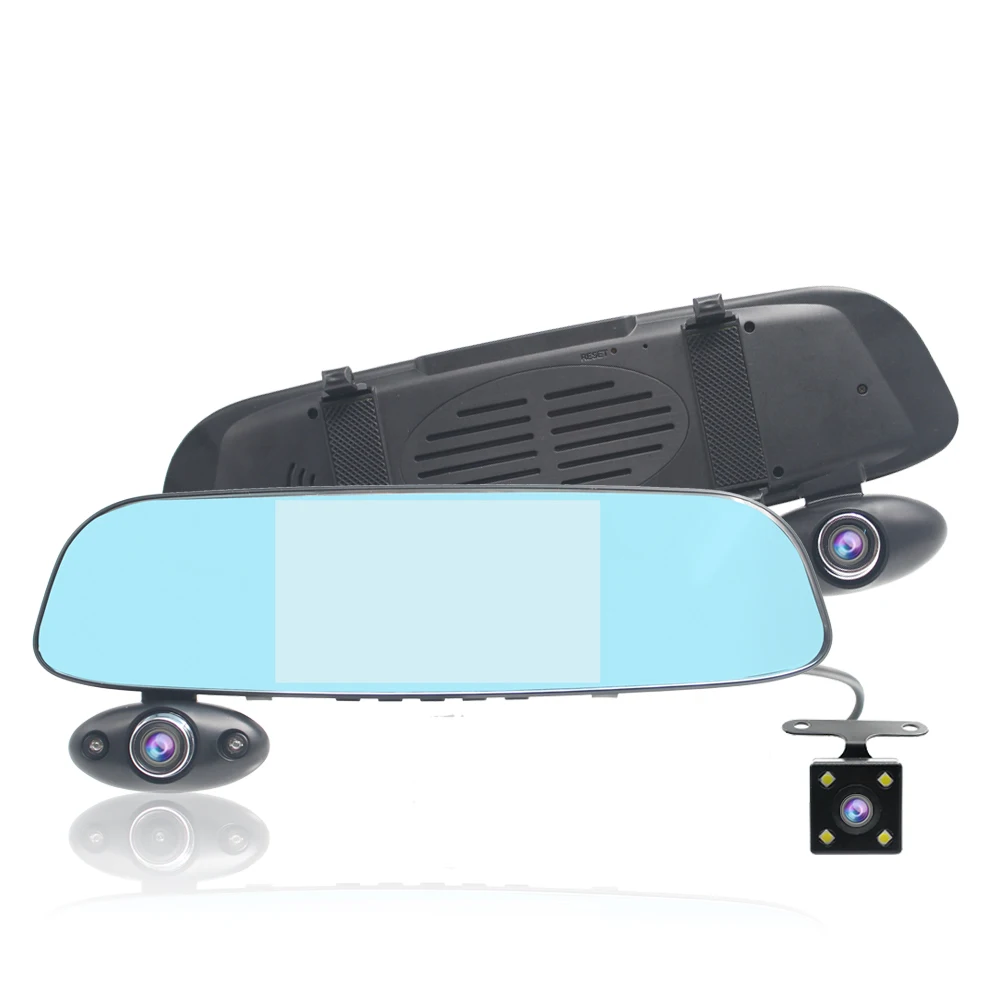 3 Lens 5.0" Lcd Screen Safty In Car Rear View Mirror Camera 720p Dvr