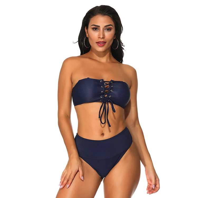 

2019 New Design Women Brazilian Two Piece Ser Swimwear Solid Color Lacing-Up Tube Top Sexy Bikini