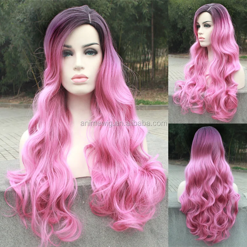 

70cm Long Wave Anime Cosplay Wig Black&Rose Mixed Lolita Synthetic Lace Fashion Human Hair Wig for Women