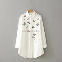 

High quality white color butterfly embroidered 100% cotton blouse women shirts