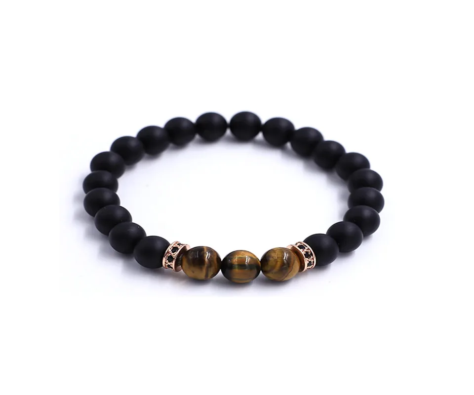 

Women Men Handmade Pure Black Agate Beads Rose Gold Zircon Separate Bracelet
