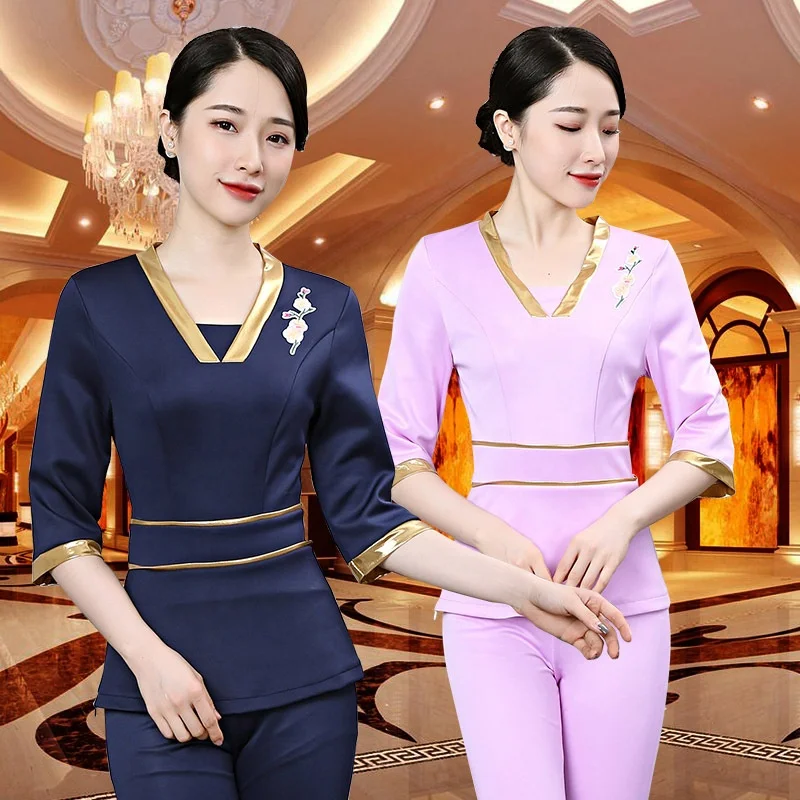 

Factory manufacture beauty nail salon uniform Fashion design sexy slim fit women uniform staff workwear OEM support, Red / black/ pink/ blue/ grey etc