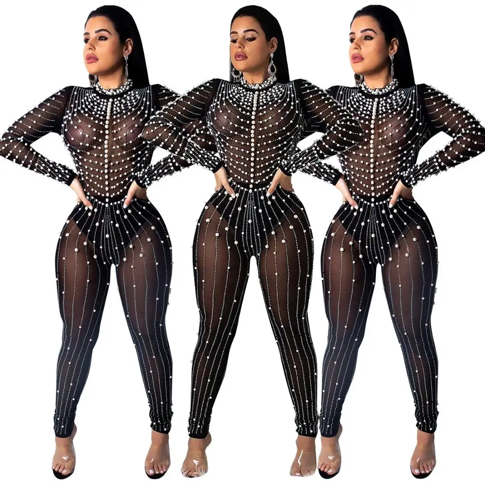 

2018 Classic Black Transparent Long Sleeve Crystal Diamond Beading Skinny Pants Women Jumpsuits