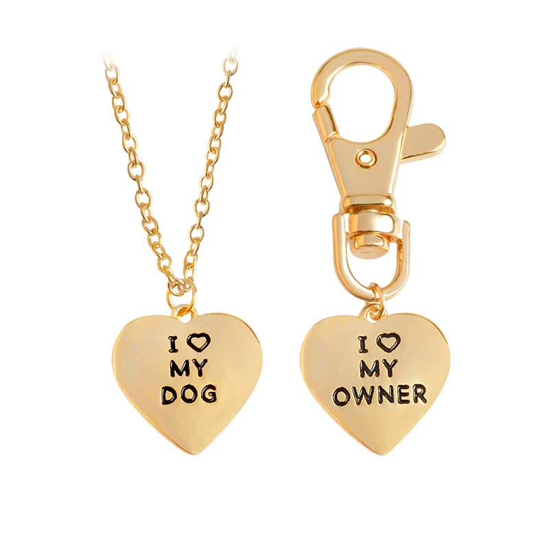 

2pcs/set I LOVE MY DOG I LOVE MY OWNER Pendant Necklaces Keychain Key Chain Keyring Gold Silver Pet Dog Gift for Dog Parents, Picture