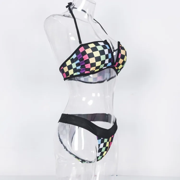 

women sportswear swimwear plaid print split bikini grid set swimsuit new style for girls