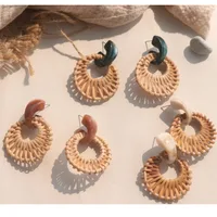 

Women Boho Trendy Statement Round Handmade Wicker Natural Bamboo Rattan Knit Resin Hoop Earrings