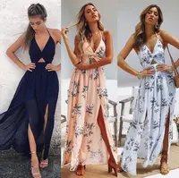 

2019 Summer Boho Maxi Long Dress Evening Party Beach Dresses Sundress Floral Halter Dress