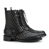Luxury Black Leather Front Buckle Studded Quilted Combat Boots Woman