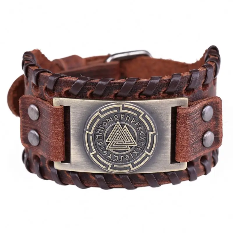 

Pulseira Masculina Bileklik Valknut Odin's Symbol Three-in-one Circle Sigil Punk Wristband Cuff Black Leather Bracelets for Men