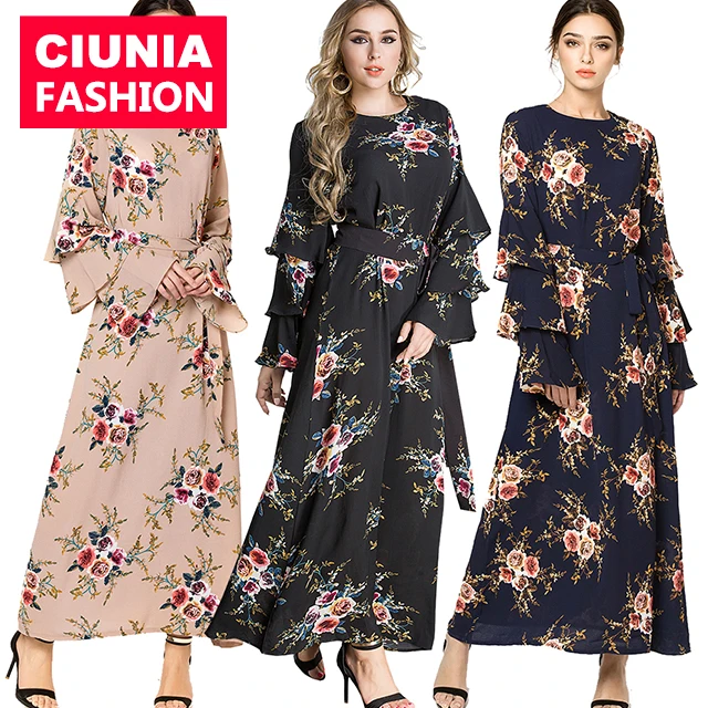 

9071#Best Seller Islamic Clothing Double Ruffle Sleeves Abaya Floral With Long Sleeve Muslim Dress