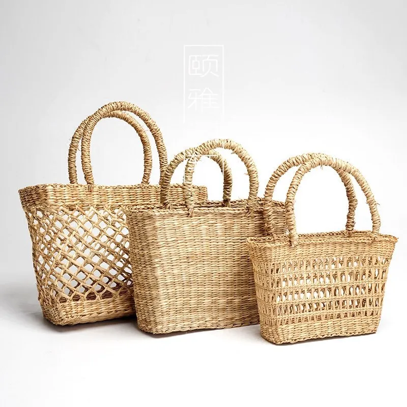 

Vietnam Handwoven seagrass women Straw summer mesh beach bag Hollow Out straw bag tote bag, Customizable