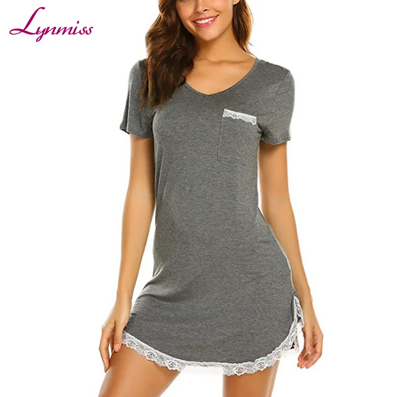 

Lynmiss Wholesale Sleepwear Womens Nightgown Cotton Sleep Shirt Dress V Neck Short Sleeve Lace Trim Soft Nightshirt, Black;blue;red;dark purple;light blue;gray