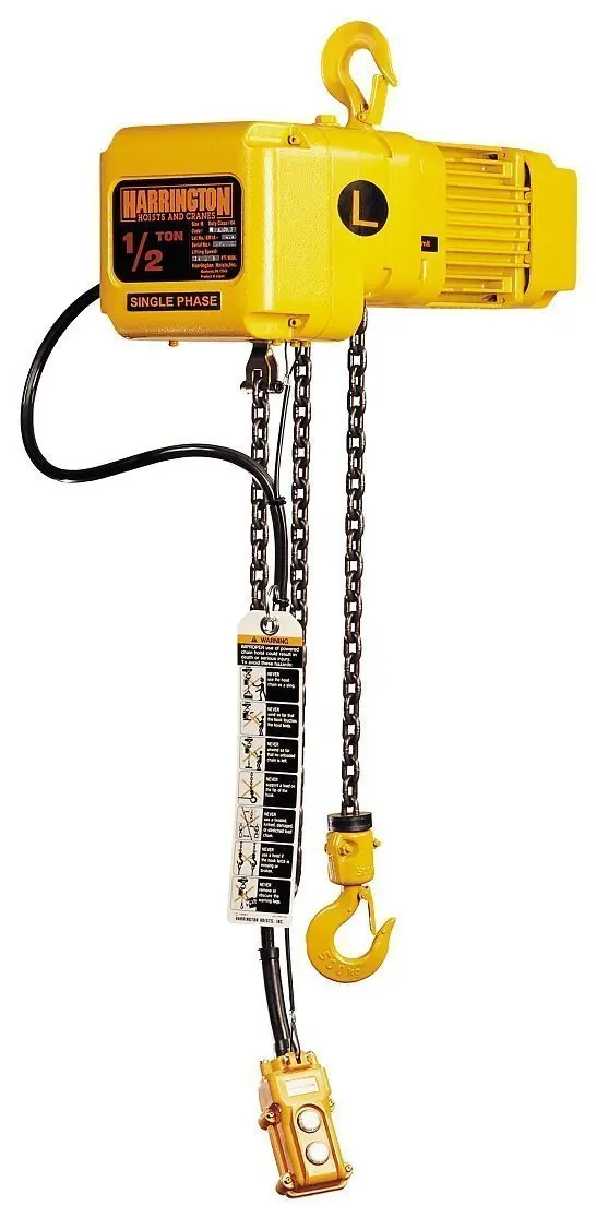 Harrington SNERG010S-15 Series SNER Single Phase Electrical Hook Mount Chain Hoist with Geared Trolley, Single Standard Speed, 1 Tons Capacity, 15' Lift