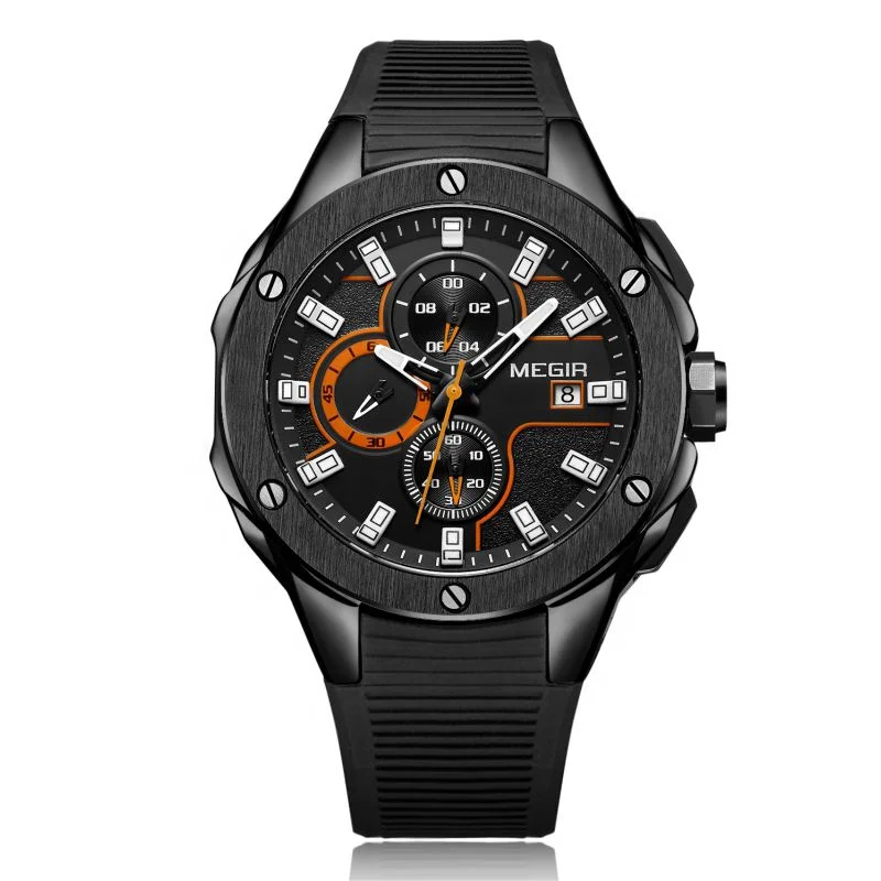 

3D Engraved Dial Black Silicone watches men Waterproof Military Sport Watch for Man megir watch men chronograph