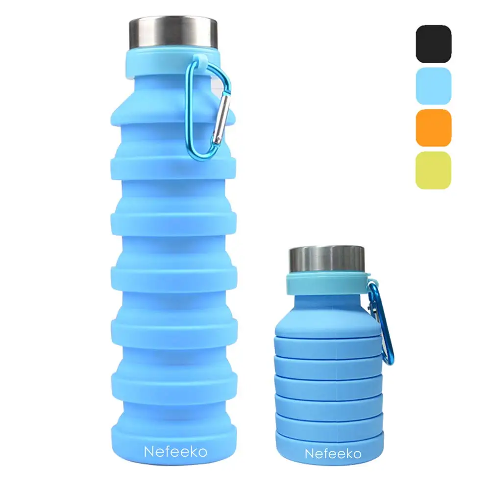 

600ml/20oz Colorful Custom Silicone Water Foldable Bottle With Carabiner