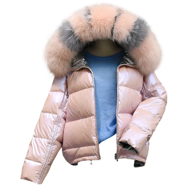 

Pinghu TIMES 2019 Chinese Manufacturer Simulation Big Fox Fur Collar Short Style Waterproof Winter Down Jacket For Women, Customized color