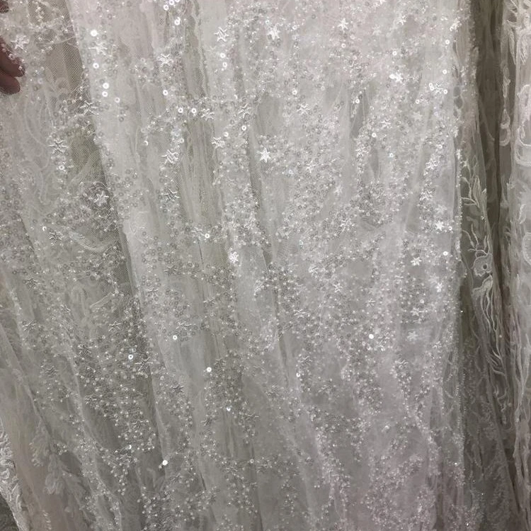 

CL63162 2021 white beaned wedding bridal fashion lace fabric supplier with stone and beaded french net lace fabric, White, as photos