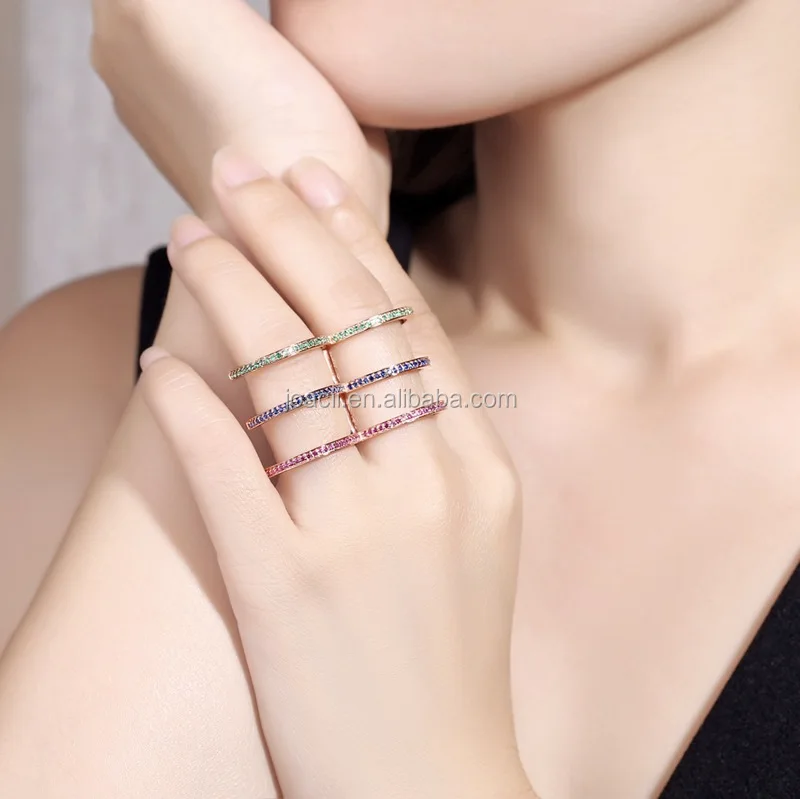 Joacii 925 Silver Latest Rose Gold Plating Colorful Zircons Setting Two Finger Jewelry Ring