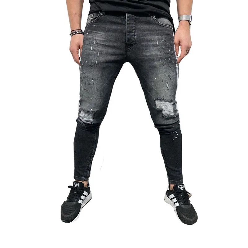 

Custom Men Skinny Jeans In Black Wash Vintage With Heavy Rips and Repair Jeans men, N/a