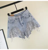 

2019 Summer New Fashion Wide Leg Pants Women's Heavy Rhinestone Fringed Hole Jeans Shorts Female High Waist Denim Shorts