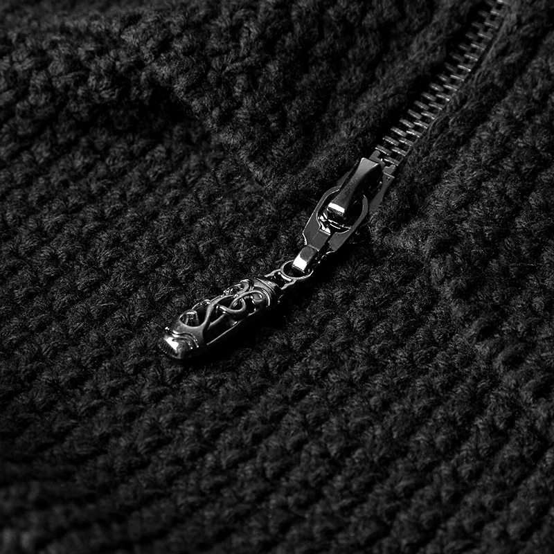 M-039 Gothic Thick Needle Machine-woven Simple Zipper Black Men's Sweater
