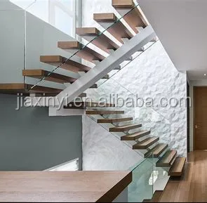 
U-shaped glass wood stairs design indoor mono stringer staircase 