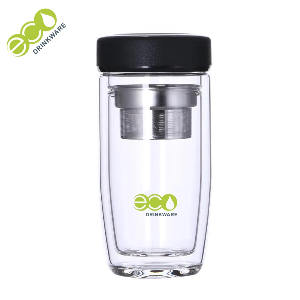 

GA5010 Custom logo egg shape double wall borosilicate glass infuser drinking tea bottle flask tumbler with leather feeling lid, Transparent