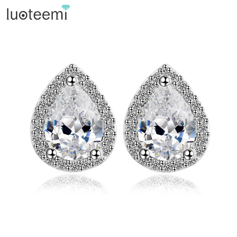 

LUOTEEMI Wholesale JINSE The Seed In Heart Water Drop Design Pear cut Top Quality Small Teardrop Cubic Zircon Stud Earring women