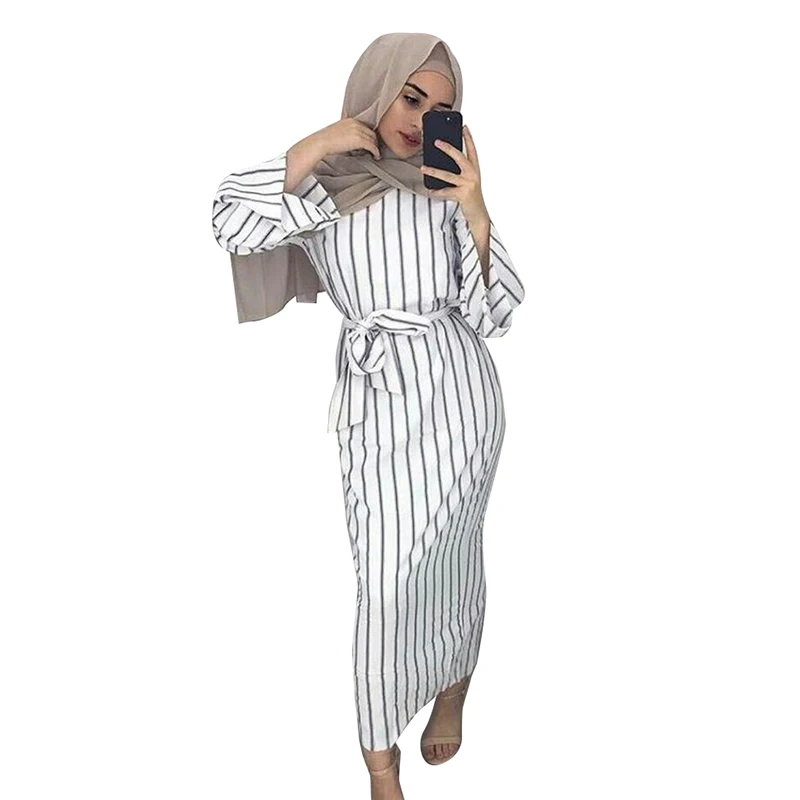

2018 Hot Selling Middle East Fashion White Long Sleeve Stripe Round Collar Women Abaya Islamic Girl Abaya